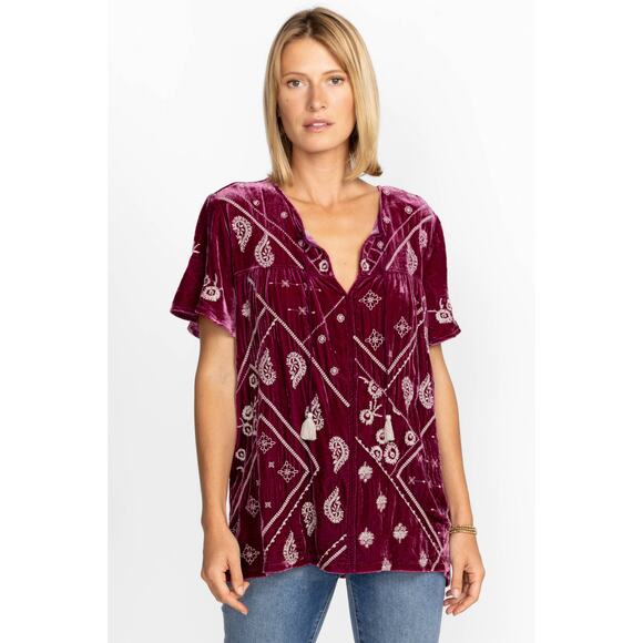 New Johnny Was Devi Velvet Flutter Weekend Blouse Red Embroidered Tassel Sz L - Picture 1 of 12